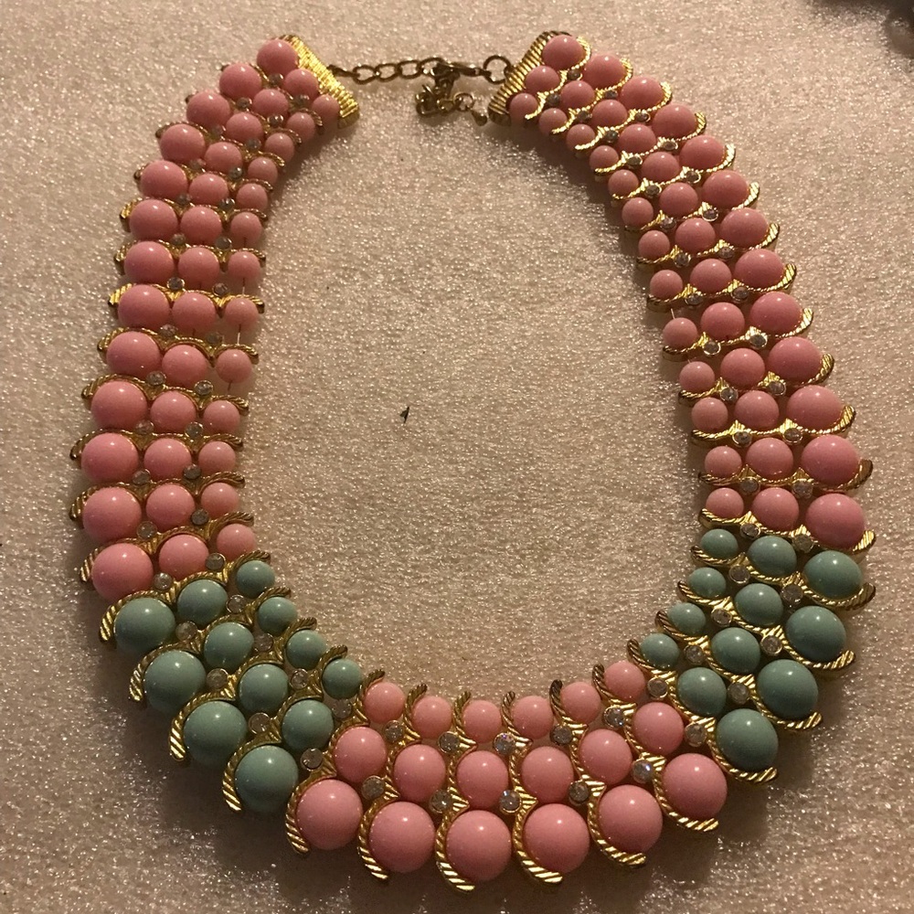 Gold-Plated Pink & Mint Statement Bib Necklace